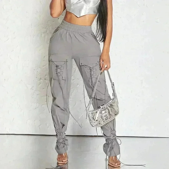 Grey Casual Womens Flap Pocket Side Drawstring Hem Cargo Pants - Picture 1 of 5